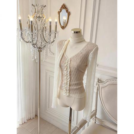 BY10871# 法式纯欲双层蕾丝设计感飘带蕾丝打底衫修身显瘦上衣 服裝批發女裝批發服飾貨源