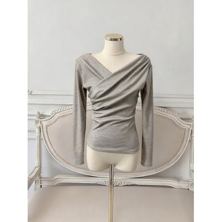 BY10872# V领交叉褶皱上衣女设计感小众长袖T恤春季显瘦打底衫 服裝批發女裝批發服飾貨源