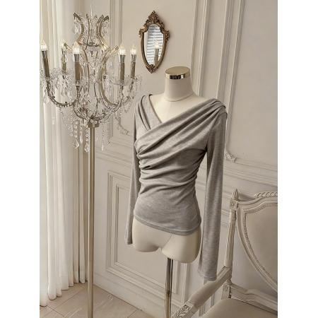 BY10872# V领交叉褶皱上衣女设计感小众长袖T恤春季显瘦打底衫 服裝批發女裝批發服飾貨源