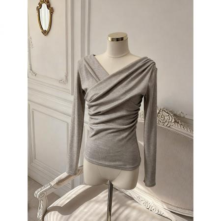 BY10872# V领交叉褶皱上衣女设计感小众长袖T恤春季显瘦打底衫 服裝批發女裝批發服飾貨源