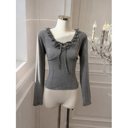 BY10874# 灰色蕾丝花边V领系带T恤女冬季别致修身收腰短款上衣 服裝批發女裝批發服飾貨源