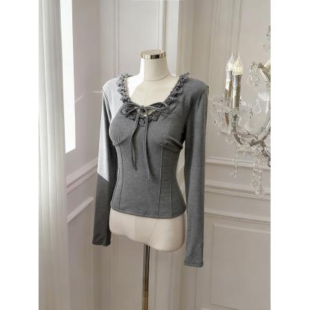 BY10874# 灰色蕾丝花边V领系带T恤女冬季别致修身收腰短款上衣 服裝批發女裝批發服飾貨源