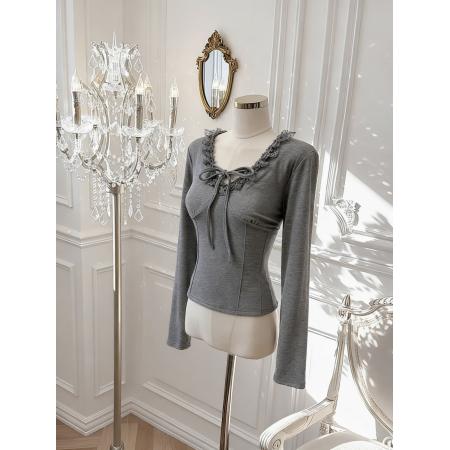 BY10874# 灰色蕾丝花边V领系带T恤女冬季别致修身收腰短款上衣 服裝批發女裝批發服飾貨源