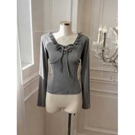 BY10874# 灰色蕾丝花边V领系带T恤女冬季别致修身收腰短款上衣 服裝批發女裝批發服飾貨源