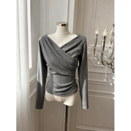 BY10875# 交叉灰色荡领长袖T恤女韩系休闲设计感收腰修身上衣 服裝批發女裝批發服飾貨源