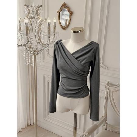 BY10875# 交叉灰色荡领长袖T恤女韩系休闲设计感收腰修身上衣 服裝批發女裝批發服飾貨源