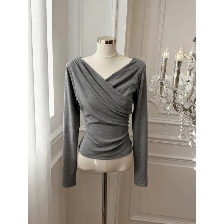 BY10875# 交叉灰色荡领长袖T恤女韩系休闲设计感收腰修身上衣 服裝批發女裝批發服飾貨源