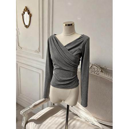 BY10875# 交叉灰色荡领长袖T恤女韩系休闲设计感收腰修身上衣 服裝批發女裝批發服飾貨源
