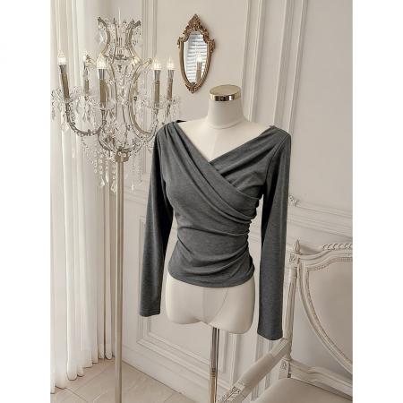 BY10875# 交叉灰色荡领长袖T恤女韩系休闲设计感收腰修身上衣 服裝批發女裝批發服飾貨源