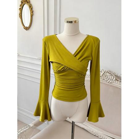 BY10876# 韩系复古黑色V领长袖针织衫女早春季御姐修身T恤上衣 服裝批發女裝批發服飾貨源