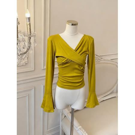 BY10876# 韩系复古黑色V领长袖针织衫女早春季御姐修身T恤上衣 服裝批發女裝批發服飾貨源