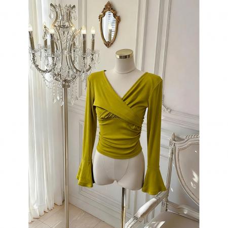 BY10876# 韩系复古黑色V领长袖针织衫女早春季御姐修身T恤上衣 服裝批發女裝批發服飾貨源