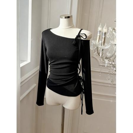 BY10877# 蝴蝶结斜肩露肩一字肩上衣女春季长袖针织衫短款T恤 服裝批發女裝批發服飾貨源