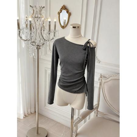 BY10877# 蝴蝶结斜肩露肩一字肩上衣女春季长袖针织衫短款T恤 服裝批發女裝批發服飾貨源