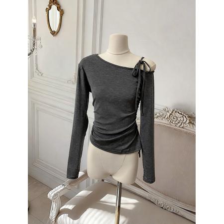 BY10877# 蝴蝶结斜肩露肩一字肩上衣女春季长袖针织衫短款T恤 服裝批發女裝批發服飾貨源