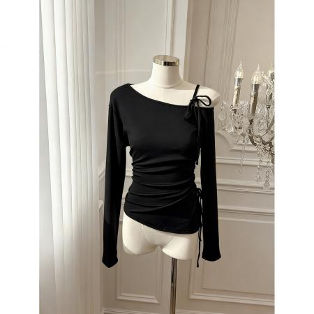 BY10877# 蝴蝶结斜肩露肩一字肩上衣女春季长袖针织衫短款T恤 服裝批發女裝批發服飾貨源