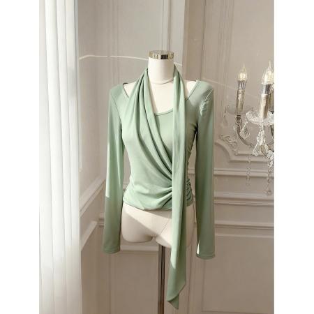 BY10879# 超好看的长袖t恤女早春挂脖内搭打底衫慵懒上衣 服裝批發女裝批發服飾貨源