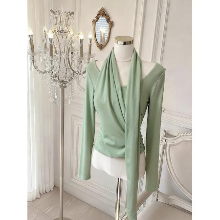 BY10879# 超好看的长袖t恤女早春挂脖内搭打底衫慵懒上衣 服裝批發女裝批發服飾貨源