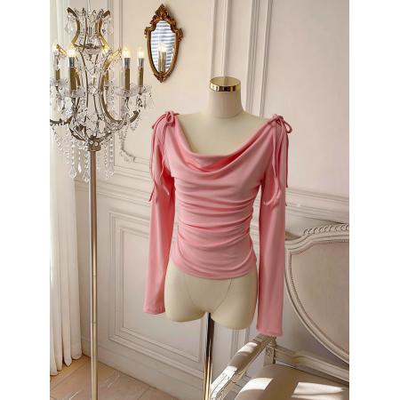 BY10880# 春日韩味荡领上衣女百搭春季收腰褶皱长袖T恤 服裝批發女裝批發服飾貨源