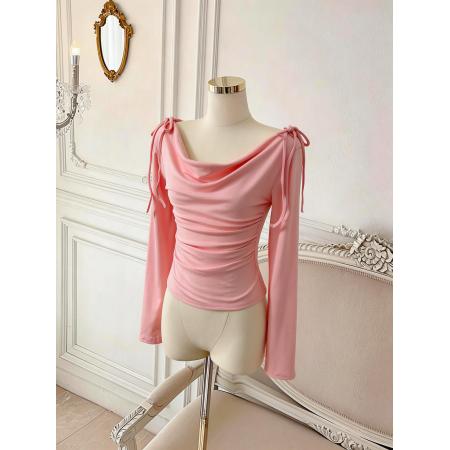 BY10880# 春日韩味荡领上衣女百搭春季收腰褶皱长袖T恤 服裝批發女裝批發服飾貨源