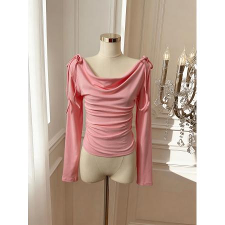 BY10880# 春日韩味荡领上衣女百搭春季收腰褶皱长袖T恤 服裝批發女裝批發服飾貨源