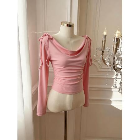 BY10880# 春日韩味荡领上衣女百搭春季收腰褶皱长袖T恤 服裝批發女裝批發服飾貨源