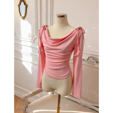 BY10880# 春日韩味荡领上衣女百搭春季收腰褶皱长袖T恤 服裝批發女裝批發服飾貨源