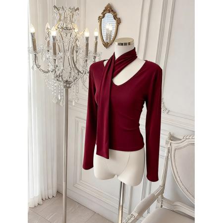 BY10881# 红色飘带打底衫t恤女洋气设计感小众挂脖针织衫上衣 服裝批發女裝批發服飾貨源