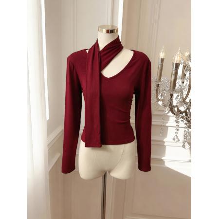 BY10881# 红色飘带打底衫t恤女洋气设计感小众挂脖针织衫上衣 服裝批發女裝批發服飾貨源