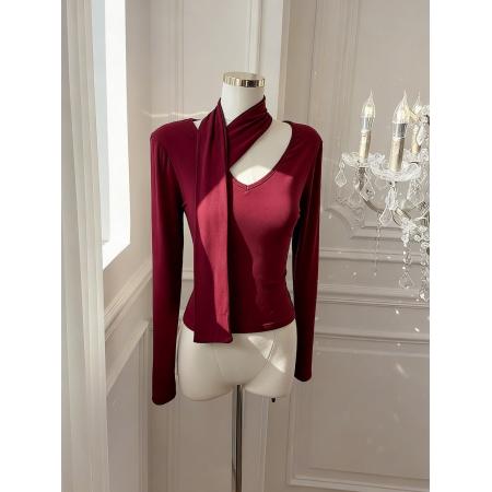 BY10881# 红色飘带打底衫t恤女洋气设计感小众挂脖针织衫上衣 服裝批發女裝批發服飾貨源