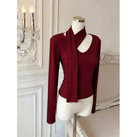 BY10881# 红色飘带打底衫t恤女洋气设计感小众挂脖针织衫上衣 服裝批發女裝批發服飾貨源