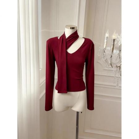 BY10881# 红色飘带打底衫t恤女洋气设计感小众挂脖针织衫上衣 服裝批發女裝批發服飾貨源