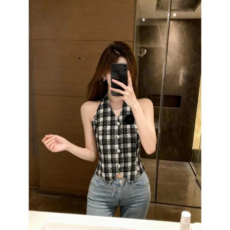 BY10884# 一字肩挂脖吊带背心女纯欲甜辣妹性感抹胸上衣小香风 服裝批發女裝批發服飾貨源