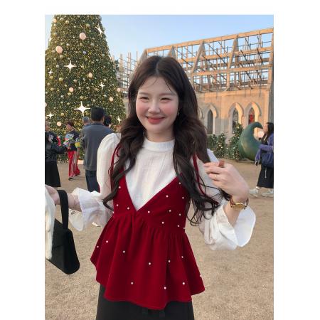 BY10886# 流光白茶韩版高级法式喇叭袖长袖衬衫女半高领气质上衣 服裝批發女裝批發服飾貨源