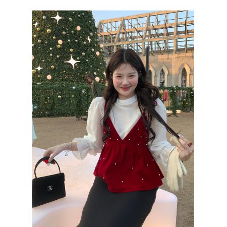 BY10886# 流光白茶韩版高级法式喇叭袖长袖衬衫女半高领气质上衣 服裝批發女裝批發服飾貨源