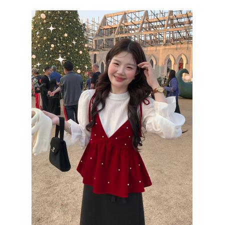 BY10886# 流光白茶韩版高级法式喇叭袖长袖衬衫女半高领气质上衣 服裝批發女裝批發服飾貨源