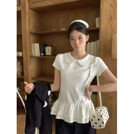 BY10887# 宋正恩白色娃娃领花边下摆短袖t恤女夏季新款芭蕾风修身绝美上衣 服裝批發女裝批發服飾貨源