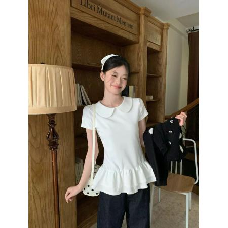 BY10887# 宋正恩白色娃娃领花边下摆短袖t恤女夏季新款芭蕾风修身绝美上衣 服裝批發女裝批發服飾貨源