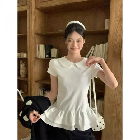 BY10887# 宋正恩白色娃娃领花边下摆短袖t恤女夏季新款芭蕾风修身绝美上衣 服裝批發女裝批發服飾貨源