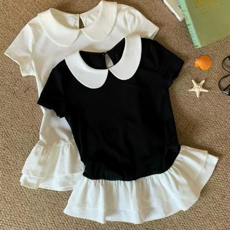 BY10887# 宋正恩白色娃娃领花边下摆短袖t恤女夏季新款芭蕾风修身绝美上衣 服裝批發女裝批發服飾貨源