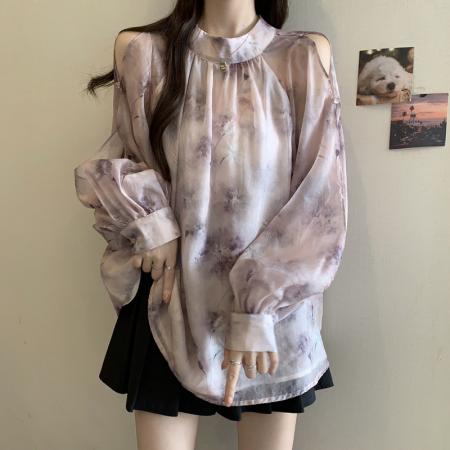 BY10888# 大码女装春季露肩立领后背蝴蝶结心机泡泡袖碎花雪纺衬衫上衣 服裝批發女裝批發服飾貨源