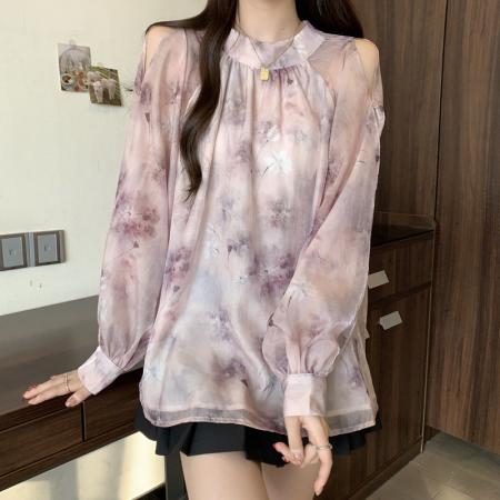 BY10888# 大码女装春季露肩立领后背蝴蝶结心机泡泡袖碎花雪纺衬衫上衣 服裝批發女裝批發服飾貨源