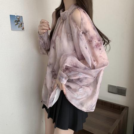 BY10888# 大码女装春季露肩立领后背蝴蝶结心机泡泡袖碎花雪纺衬衫上衣 服裝批發女裝批發服飾貨源