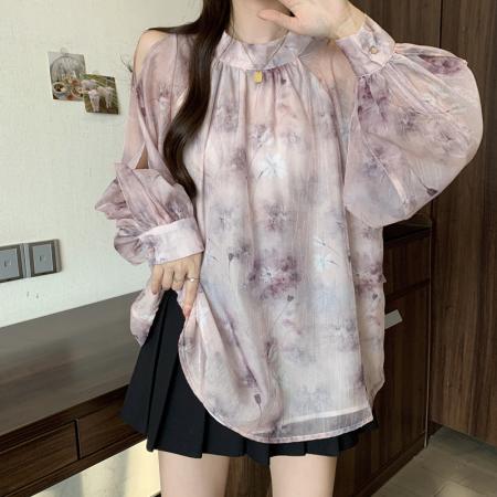 BY10888# 大码女装春季露肩立领后背蝴蝶结心机泡泡袖碎花雪纺衬衫上衣 服裝批發女裝批發服飾貨源