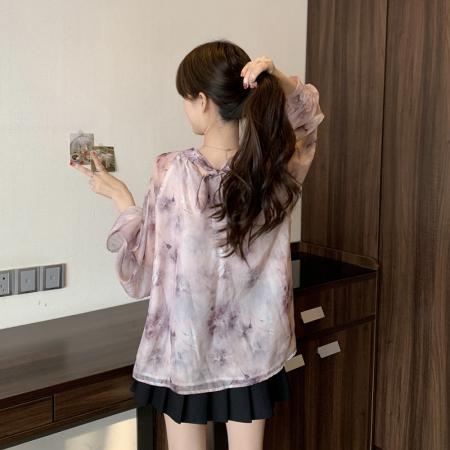 BY10888# 大码女装春季露肩立领后背蝴蝶结心机泡泡袖碎花雪纺衬衫上衣 服裝批發女裝批發服飾貨源