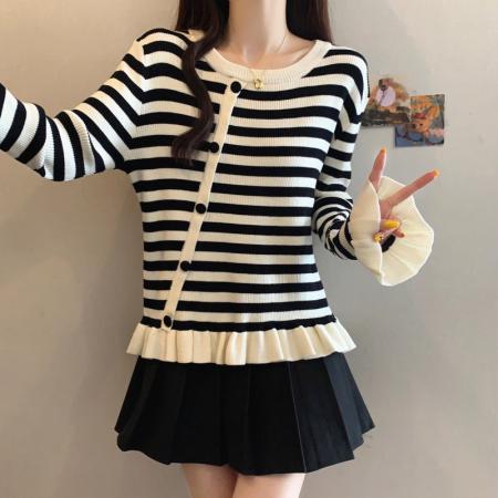 BY10889# 大码女装春季新款撞色荷叶边毛衣胖mm时尚百搭显瘦针织衫上衣 服裝批發女裝批發服飾貨源