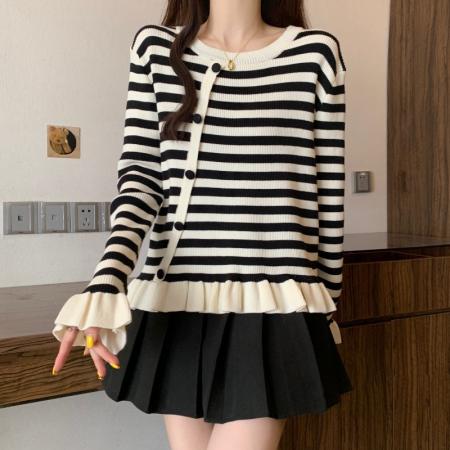 BY10889# 大码女装春季新款撞色荷叶边毛衣胖mm时尚百搭显瘦针织衫上衣 服裝批發女裝批發服飾貨源