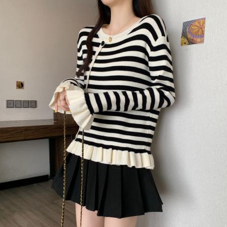 BY10889# 大码女装春季新款撞色荷叶边毛衣胖mm时尚百搭显瘦针织衫上衣 服裝批發女裝批發服飾貨源