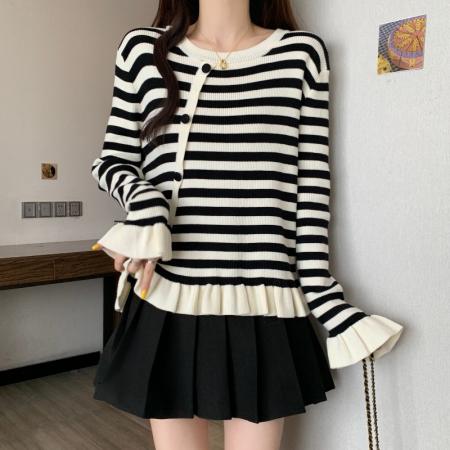 BY10889# 大码女装春季新款撞色荷叶边毛衣胖mm时尚百搭显瘦针织衫上衣 服裝批發女裝批發服飾貨源