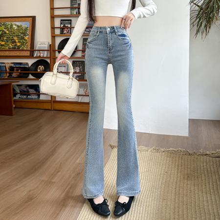 BY10891# 春季新款烫钻牛仔长裤女高腰弹力修身提臀显瘦阔腿喇叭裤 服裝批發女裝批發服飾貨源